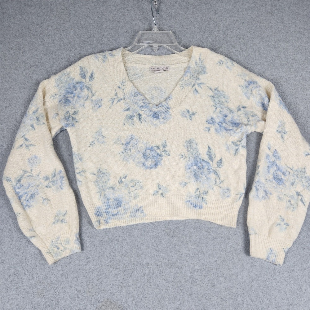 Sincerely Jules Sweater Womens S Cream Blue Knit Floral V-Neck Cropped Pullover